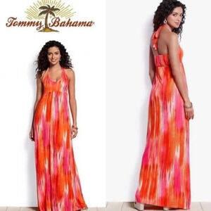 Tommy Bahama Sunset Ablur Maxi Dress Size Medium Pink Orange Beachy Boho Halter